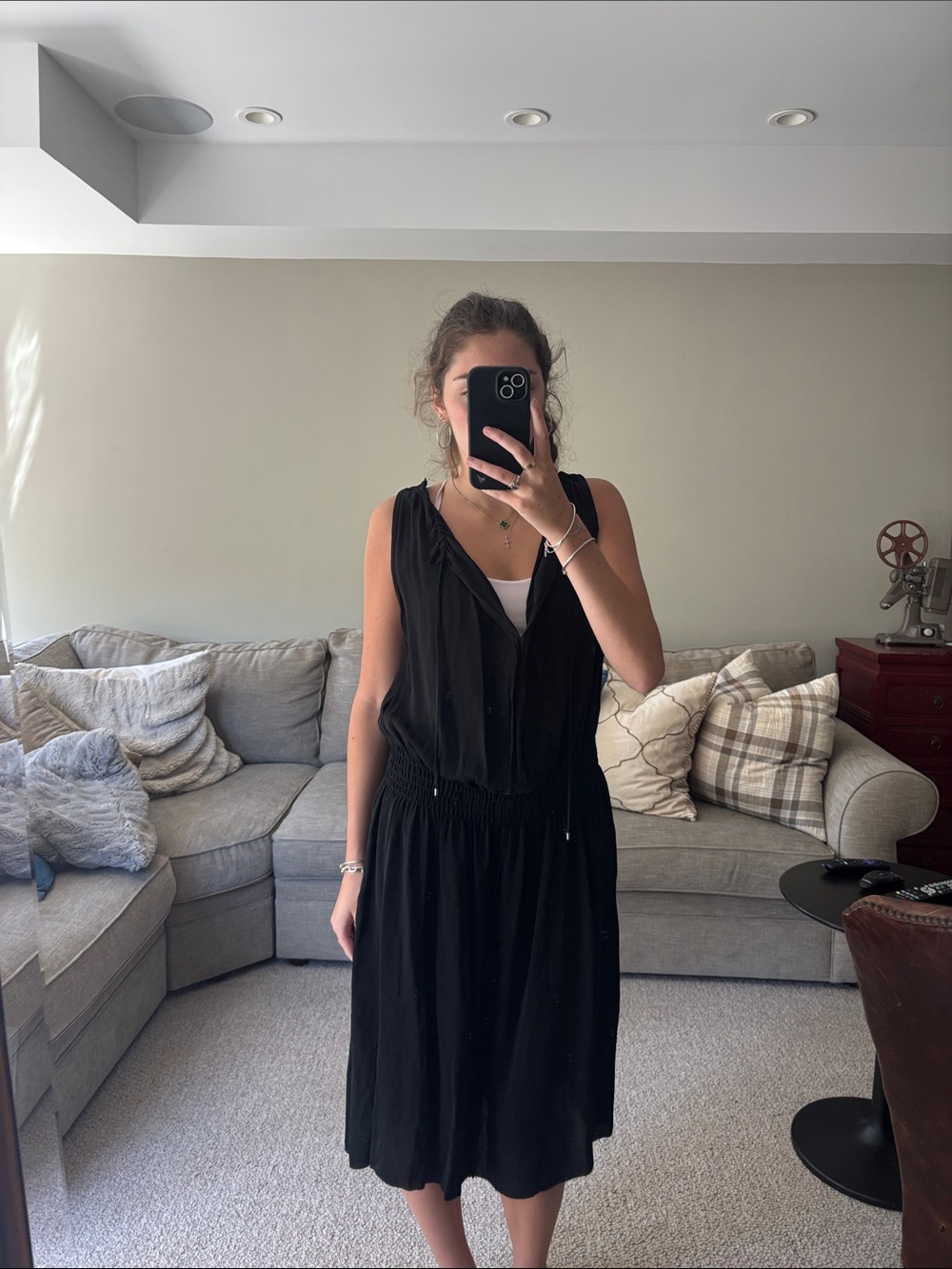 Vince Black Sleeveless Midi Drawstring Dress